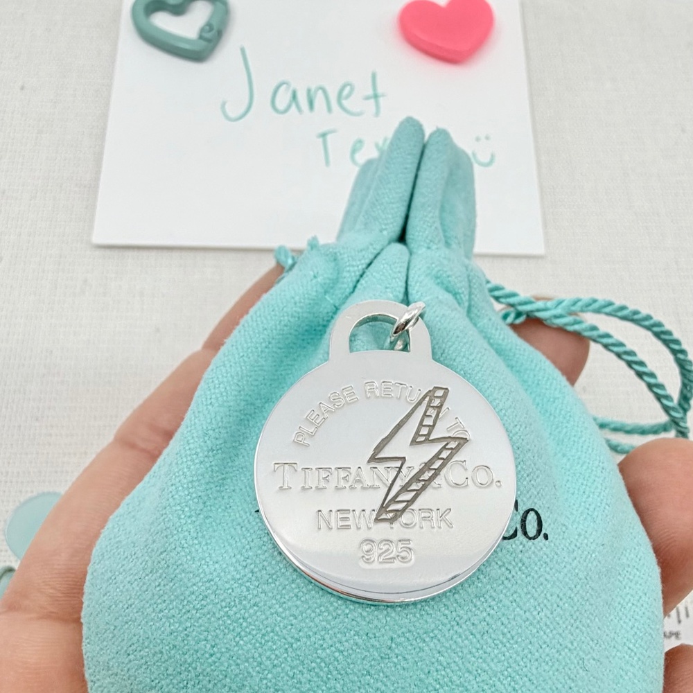 Tiffany & Co. LARGE Etched Lightening Bolt Round Tag Charm Silver - Picture 3 of 5